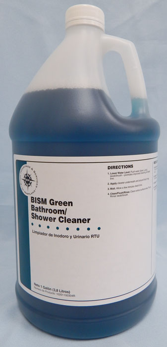 clear jug with blue liquid inside, white label with blue stripe - BISM Green Bathroom/Shower Cleaner